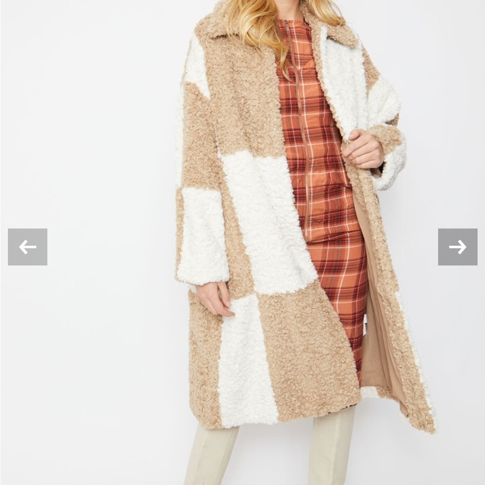 Checkered Mocha and White Faux Shearling Oversized Coat